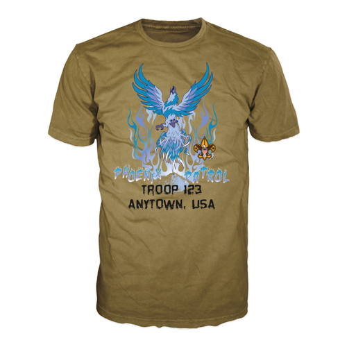 Scouting America Troop Patrol Shirt with Ice Blue Phoenix Patrol on Coyote Brown  Shirt