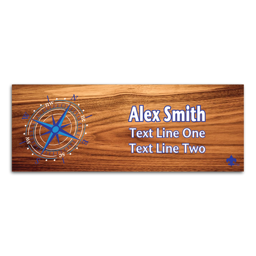 Compass Rose on Scout name tag. Compass image in Blue and White ink with BSA Fleur-De-Lis on Cherry Wood