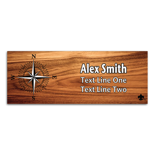 Compass Rose on Scout name tag. Compass image in Black and White ink with BSA Fleur-De-Lis on Cherry Wood