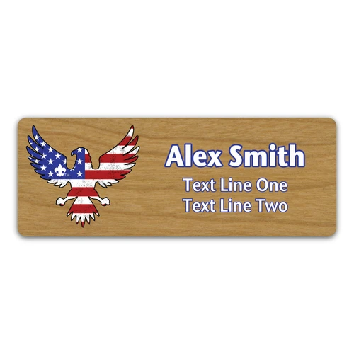 Eagle and Flag Name Tag with Scouting America Fleur-De-Lis - Distressed Eagle and Flag Silhouette on Cherry Wood