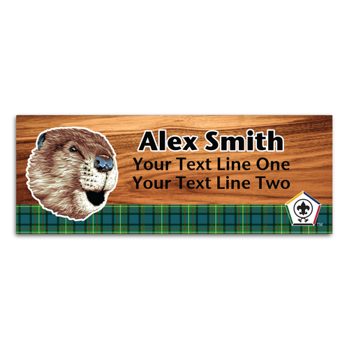 Wood Badge Name Tag with Wood Badge Realistic Beaver Critter on strip of Tartan design with Wood Badge Logo