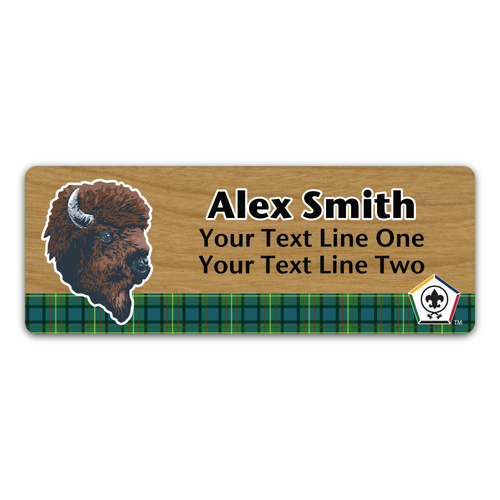 Wood Badge Name Tag with Wood Badge Realistic Buffalo Critter on strip of Tartan design with Wood Badge Logo - Cherry Wood