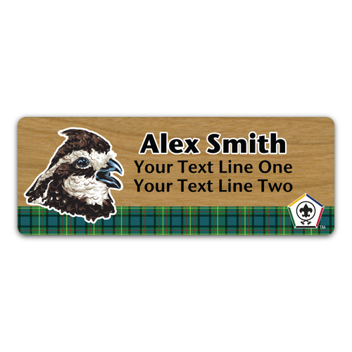 Wood Badge Name Tag with Wood Badge Realistic Bobwhite Critter on strip of Tartan design with Wood Badge Logo - Cherry Wood