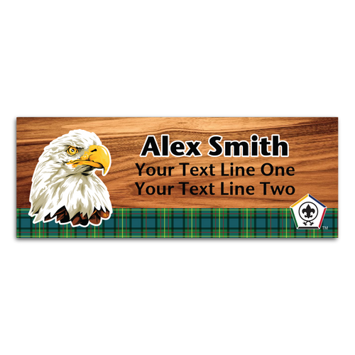 Wood Badge Name Tag with Wood Badge Realistic Eagle Critter on strip of Tartan design with Wood Badge Logo
