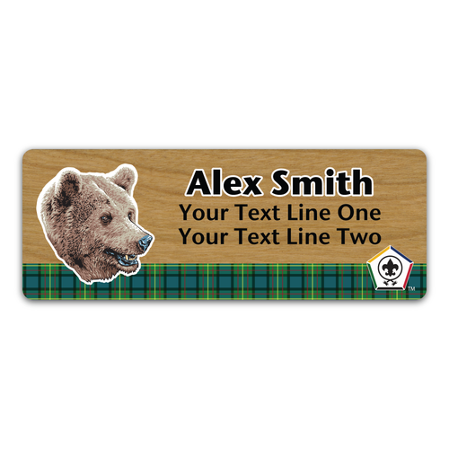 Wood Badge Name Tag with Wood Badge Realistic Bear Critter on strip of Tartan design with Wood Badge Logo - Cherry Wood