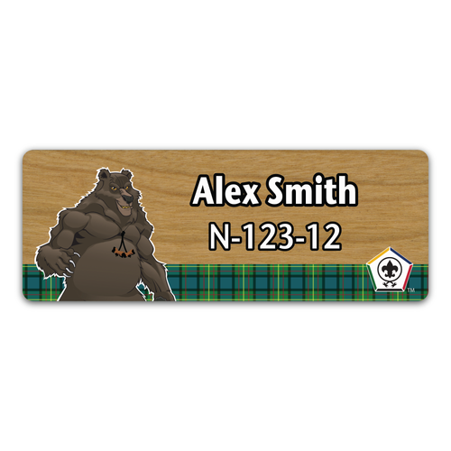 Wood Badge Name Tag with Wood Badge Tough Bear Critter on strip of Tartan design with Wood Badge Logo - Cherry Wood