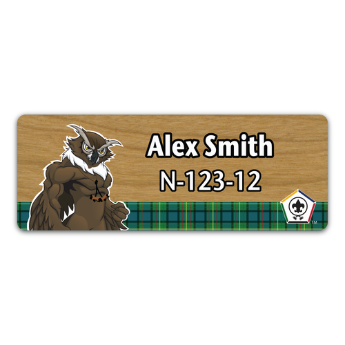 Wood Badge Name Tag with Wood Badge Tough Owl Critter on strip of Tartan design with Wood Badge Logo - Cherry Wood