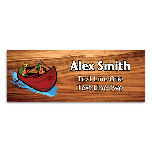 Scouts BSA Troop Name Tag with BSA FDL - Tandem Canoe with Two People on Cherry Wood