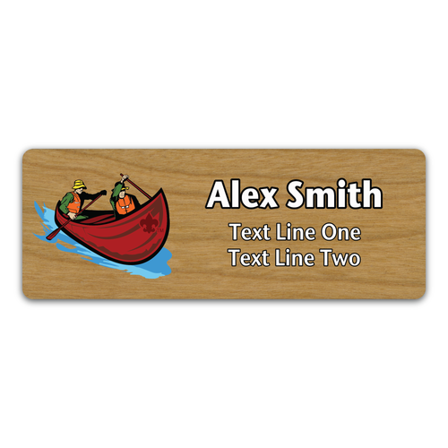 Troop Name Tag with Scouting America fleur-de-lis - Tandem Canoe with Two People on Cherry Wood