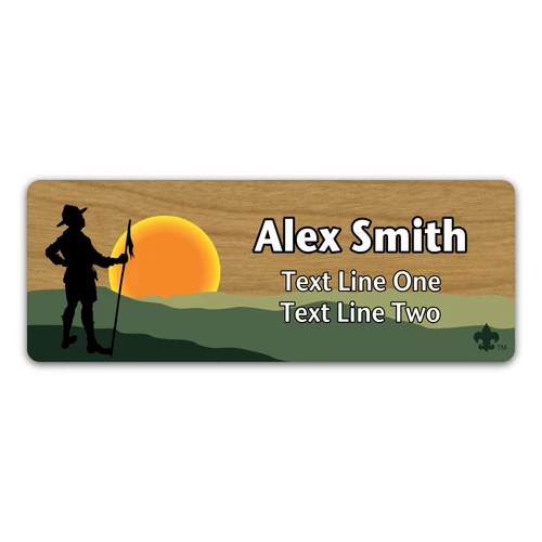 Troop Name Tag with Scouting America fleur-de-lis - Sunset with Troop Silhouette on Cherry Wood