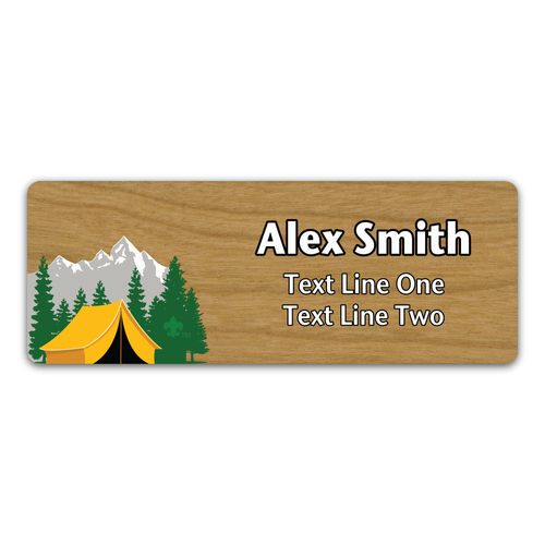 Troop Name Tag With Scouting America FDL - Mountain with Yellow Camping Tent on Cherry Wood