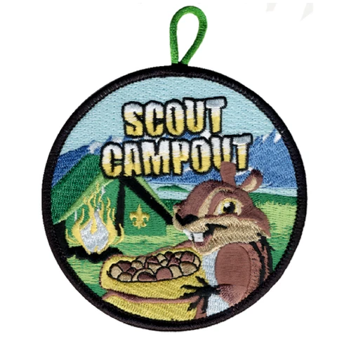 Scout Campout Patch - Chipmunk with Campfire and Scouting America fleur-de-lis