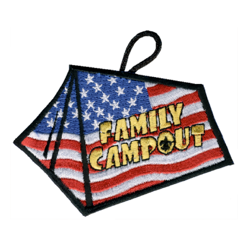 BSA Patch Family Campout with Flag in Tent and BSA Fleur De Lis