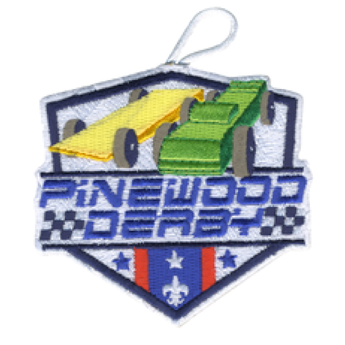 Pinewood Derby Race Car Patch with Green and Yellow Race Cars with Scouting America fleur-de-lis