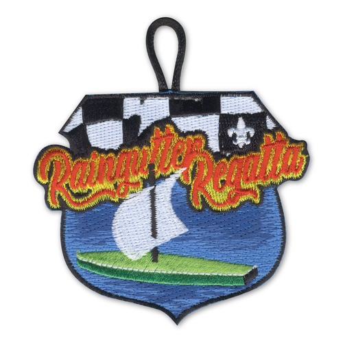 Raingutter Regatta Activity Patch with green sailboat and a finish line flag background with Scouting America fleur-de-lis