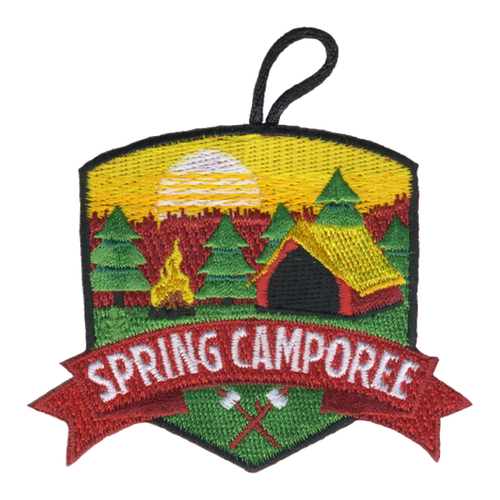 Spring Camporee Activity Patch with tent and campfire design, with ghosted bsa fleur de lis