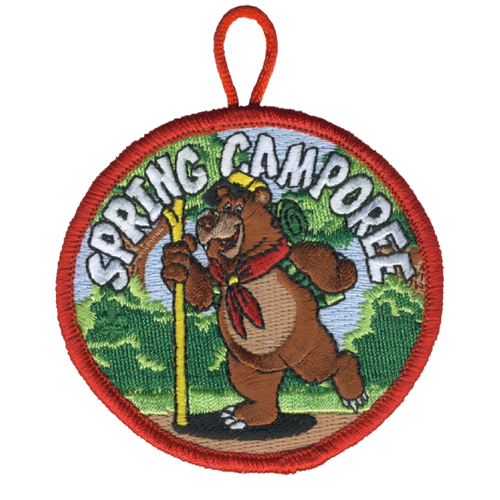 Spring Camporee Activity Patch with bear in forest design, with ghosted Scouting America fleur de lis