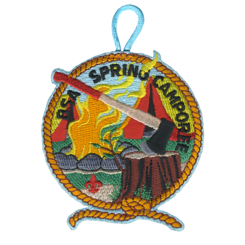 Spring Camporee Activity Patch with tree stump and axe design and Scouting America fleur de lis