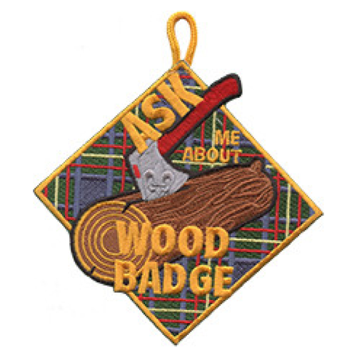 Wood Badge Patch with Ask Me About Wood Badge on Wood Badge Tartan Background