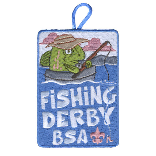 Fishing Derby Activity Patch Boat design and Scouting America fleur de lis