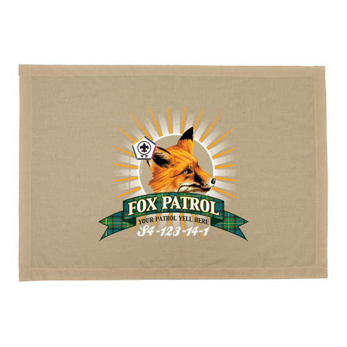 Wood Badge Patrol Flag with Wood Badge Realistic Fox Critter and Wood Badge Logo on Sunburst background with a Tartan Banner