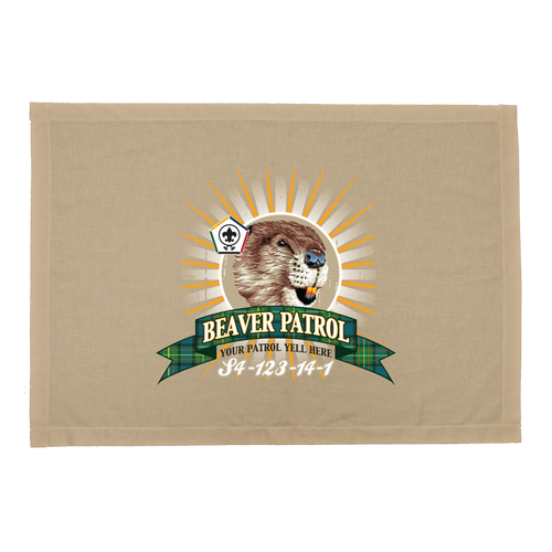 Wood Badge Patrol Flag with Wood Badge Realistic Beaver Critter and Wood Badge Logo on Sunburst background with a Tartan Banner