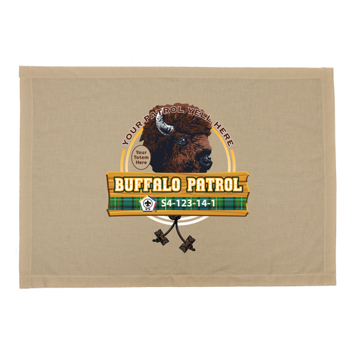 Wood Badge Patrol Flag with Wood Badge Buffalo Critter with Tartan Banner on Wood Platform