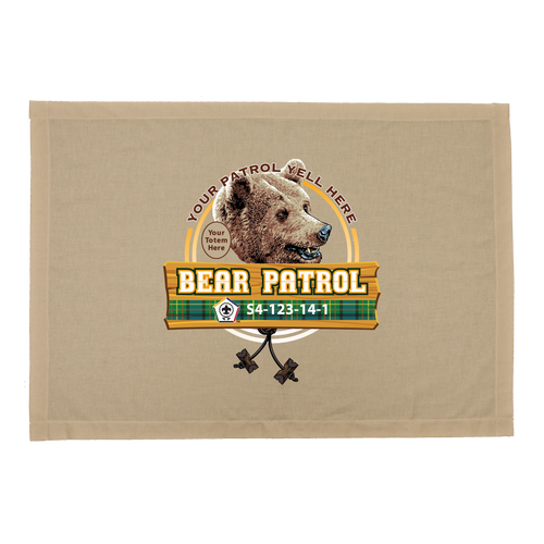 Wood Badge Patrol Flag with Wood Badge Bear Critter with Tartan Banner on Wood Platform