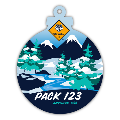 Cub Scout Pack Christmas Ornament - Snowy Mountains (FRONT)