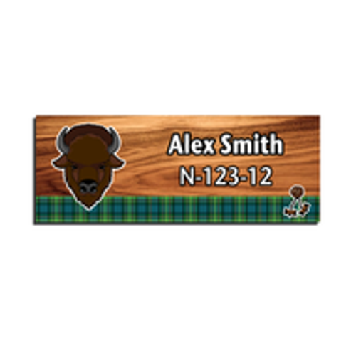 Wood Badge Name Tag with Wood Badge Buffalo Critter on strip of Tartan design with Wood Badge Beads