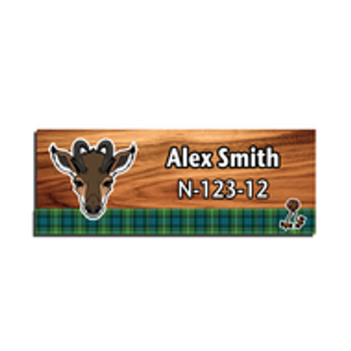 Wood Badge Name Tag with Wood Badge Antelope Critter on strip of Tartan design with Wood Badge Beads