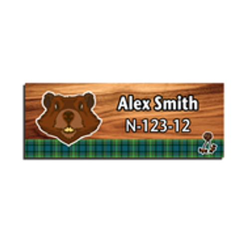 Wood Badge Name Tag with Wood Badge Beaver Critter on strip of Tartan design with Wood Badge Beads