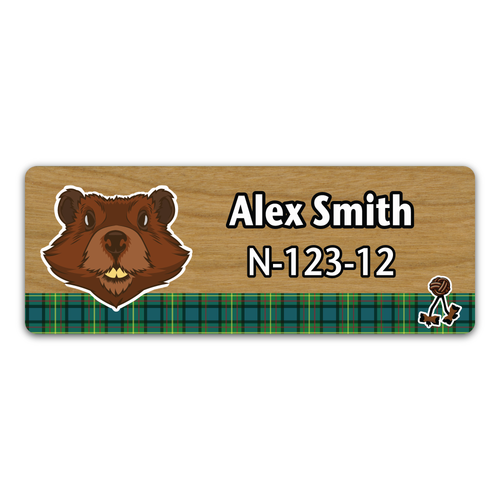 Wood Badge Name Tag with Wood Badge Beaver Critter on strip of Tartan design with Wood Badge Beads - Cherry Wood