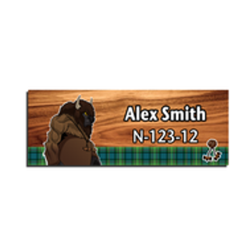 Wood Badge Name Tag with Wood Badge Tough Buffalo Critter on strip of Tartan design with Beads