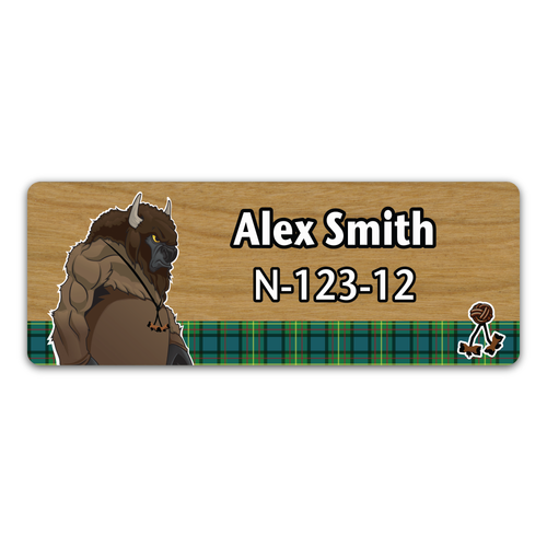 Wood Badge Name Tag with Wood Badge Tough Buffalo Critter on strip of Tartan design with Beads - Cherry Wood