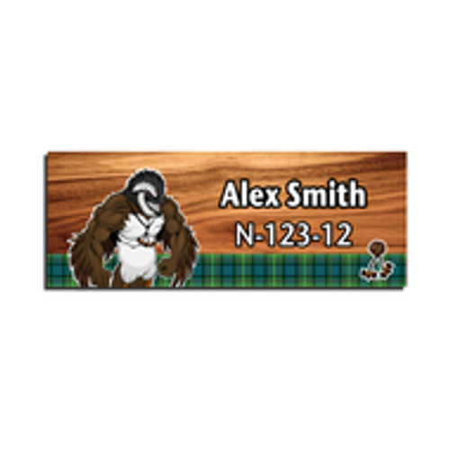 Wood Badge Name Tag with Wood Badge Tough Bobwhite Critter on strip of Tartan design with Wood Badge Beads