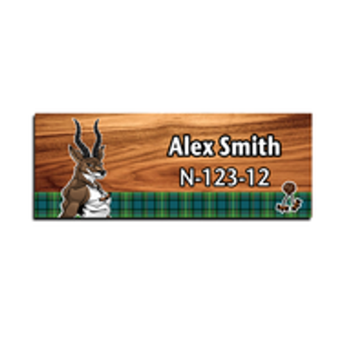 Wood Badge Name Tag with Wood Badge Tough Antelope Critter on strip of Tartan design with Wood Badge Beads