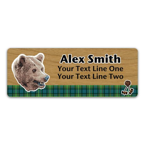 Wood Badge Name Tag with Wood Badge Realistic Bear Critter on strip of Tartan design with Wood Badge Beads - Cherry Wood