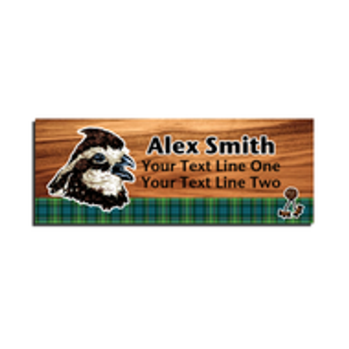 Wood Badge Name Tag with Wood Badge Realistic Bobwhite Critter on strip of Tartan design with Wood Badge Beads