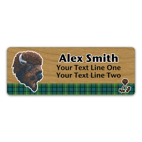 Wood Badge Name Tag with Wood Badge Realistic Buffalo Critter on strip of Tartan design with Wood Badge Beads - Cherry Wood
