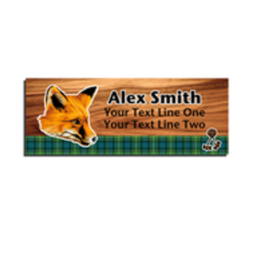 Wood Badge Name Tag with Wood Badge Realistic Fox Critter on strip of Tartan design with Wood Badge Beads