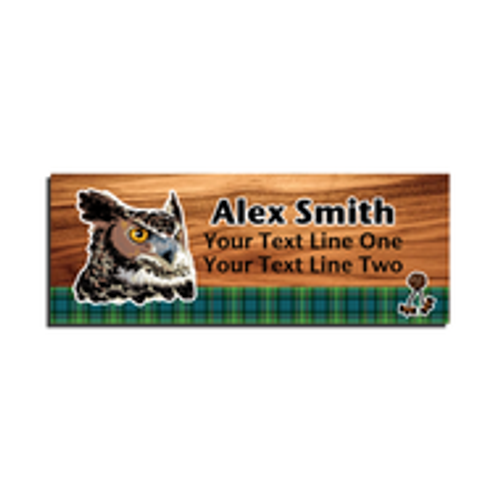 Wood Badge Name Tag with Wood Badge Realistic Owl Critter on strip of Tartan design with Wood Badge Beads