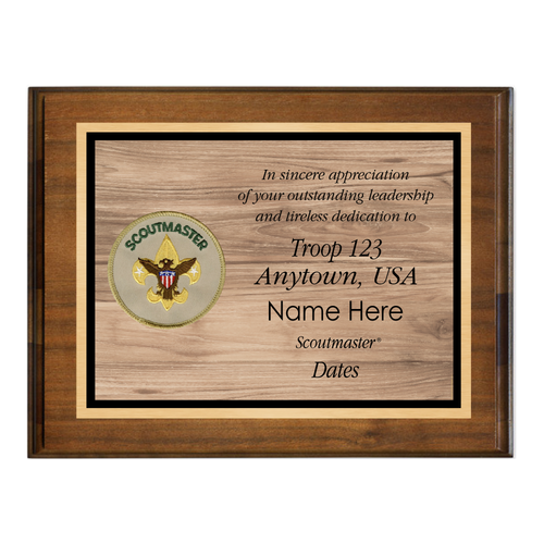 Scoutmaster Plaque with Scoutmaster Emblem - Wood Grain Design - Walnut