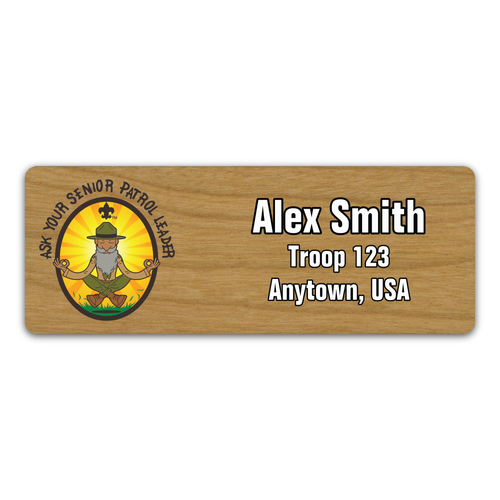 Ask Your Senior Patrol Leader Name Tag with Scouting America Fleur-De-Lis on Cherry Wood