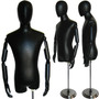 Black PU Leather Male Body Form with Head and Poseable Arms with Base MM-603BL 