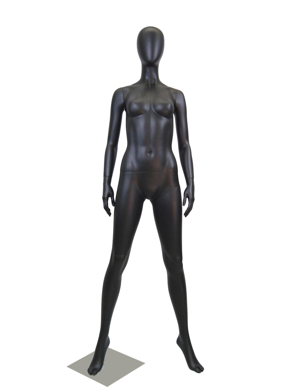 Abstract egghead Female Mannequins; Arms to sided and Right Leg Forward -  Chrome round Base; Semi-matte White Finish