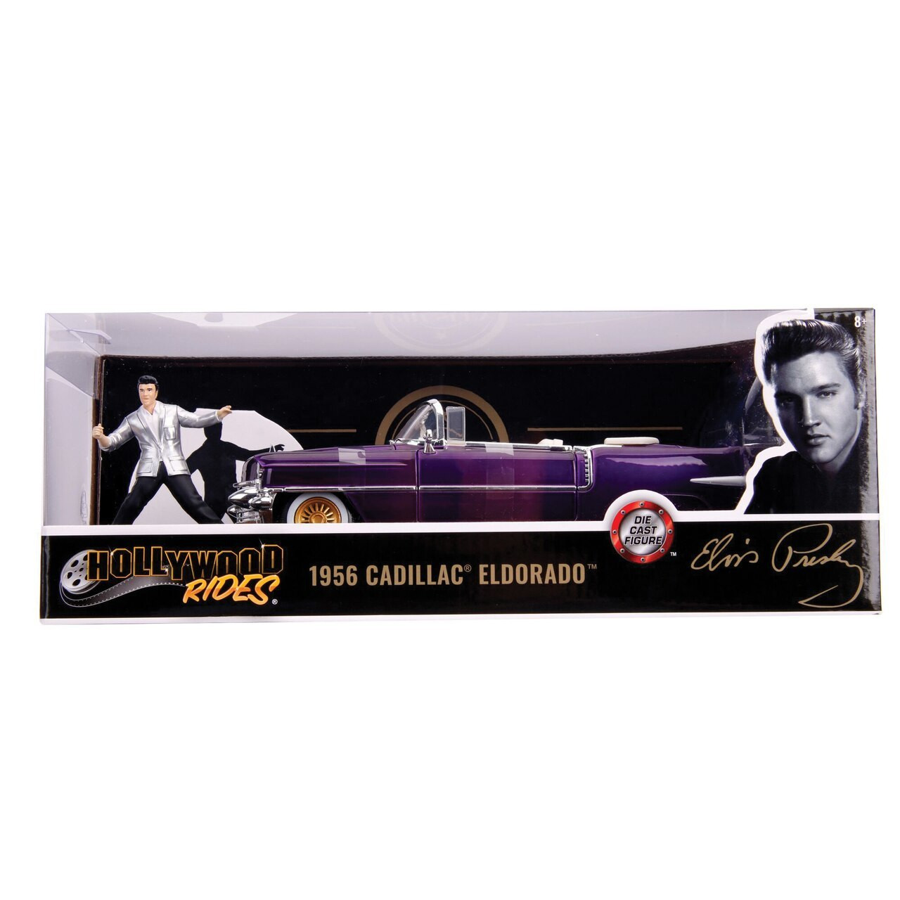 maletero y capó abatible Jada Cadillac El Dorado 1956 Presley Coche de juguete de Eloro en die-cast morado puertas color lila 253255011 incluye figura Elvis a escala 1:24 