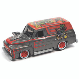 Rat Fink 1955 Ford Panel w/Engine Blower - Gun Metal /red stripes 1:64 Scale Main Image