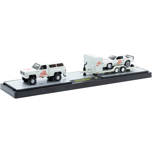 Diet Coke 1973 Chevy Cheyenne Super 10 4X4 & 1985 Camaro IROC-Z with Trailer 1:64 Scale Main Image