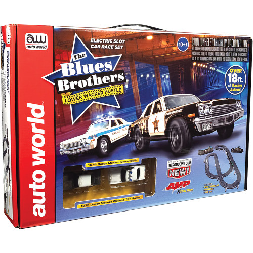 Blues Brothers Hustle Slot Race Set w/ Bluesmobile & 1975 Chicago Police Car 1:64 Scale Main Image
